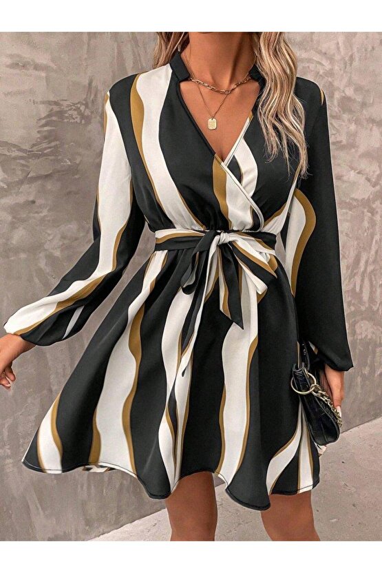 Kadın Uzun Kollu Kruvaze Yakalı Desenli Modal Mini Elbise