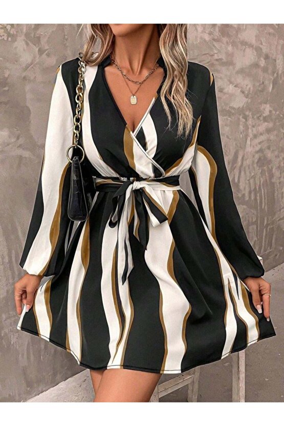 Kadın Uzun Kollu Kruvaze Yakalı Desenli Modal Mini Elbise