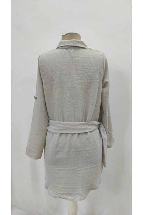 Kadın Uzun Kollu Yakalı önden Düğmeli Beli Kuşaklı Mini Ithal Keten Elbise