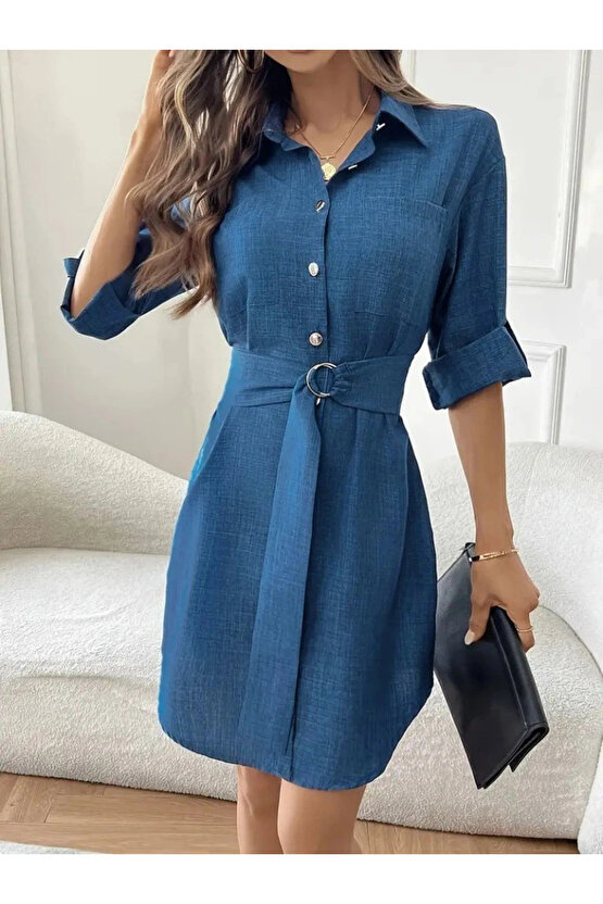 Kadın Uzun Kollu Yakalı önden Düğmeli Beli Kuşaklı Mini Ithal Keten Elbise