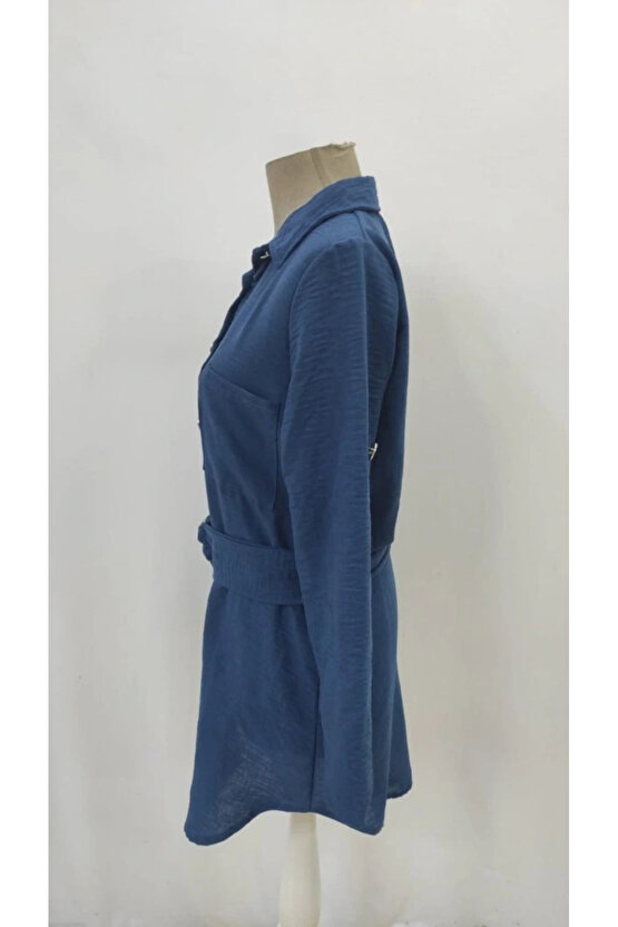 Kadın Uzun Kollu Yakalı önden Düğmeli Beli Kuşaklı Mini Ithal Keten Elbise