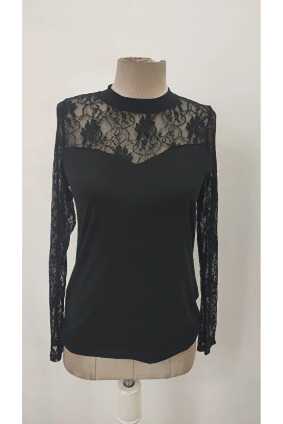 Kadın Uzun Kollu Dantel Detaylı Viskon Bluz