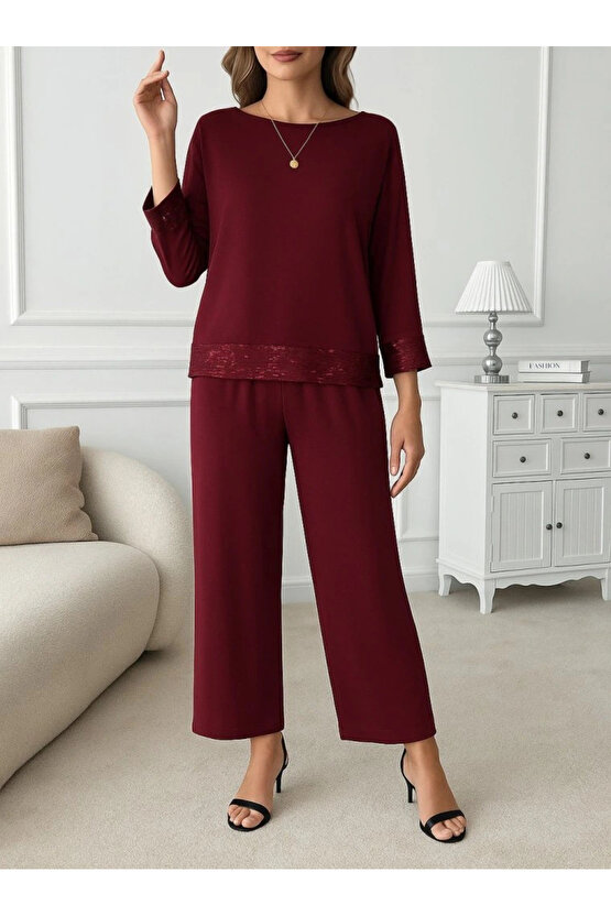 Kadın Uzun Kollu Bisiklet Yaka Pulpayetli Viskon Iki Iplik Bluz Ve Pantolon Ikili Takım