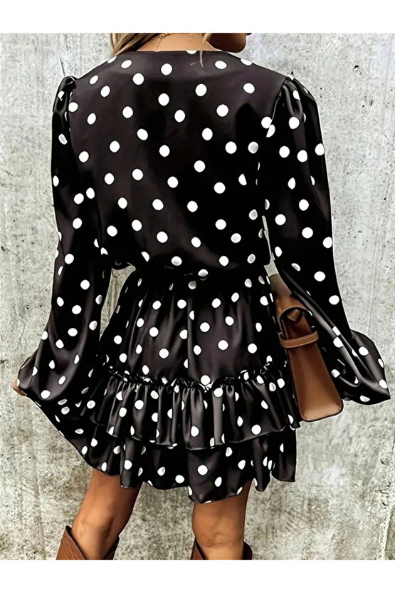 Kadın Uzun Kollu V Yakalı Belden Kuşaklı Puantiyeli Mini Modal Elbise