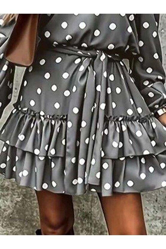 Kadın Uzun Kollu V Yakalı Belden Kuşaklı Puantiyeli Mini Modal Elbise