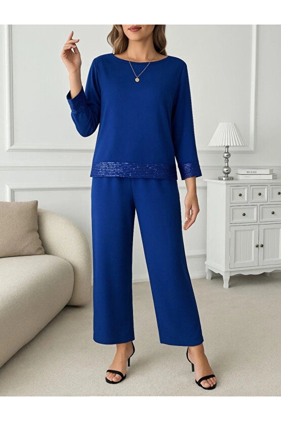 Kadın Uzun Kollu Bisiklet Yaka Pulpayetli Viskon Iki Iplik Bluz Ve Pantolon Ikili Takım