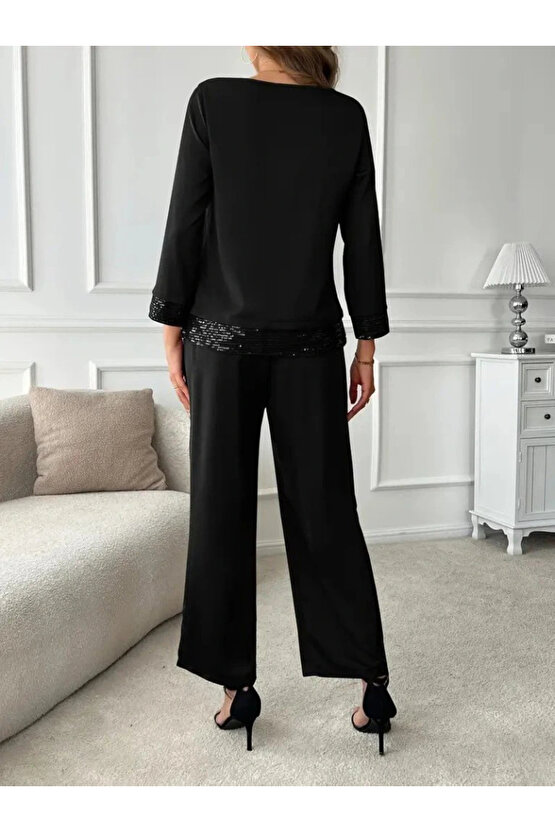 Kadın Uzun Kollu Bisiklet Yaka Pulpayetli Viskon Iki Iplik Bluz Ve Pantolon Ikili Takım