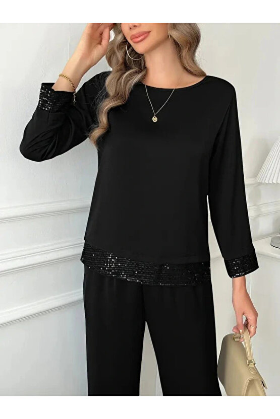 Kadın Uzun Kollu Bisiklet Yaka Pulpayetli Viskon Iki Iplik Bluz Ve Pantolon Ikili Takım