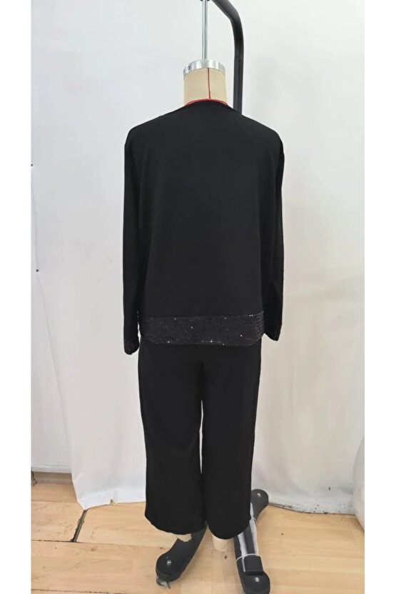 Kadın Uzun Kollu Bisiklet Yaka Pulpayetli Viskon Iki Iplik Bluz Ve Pantolon Ikili Takım