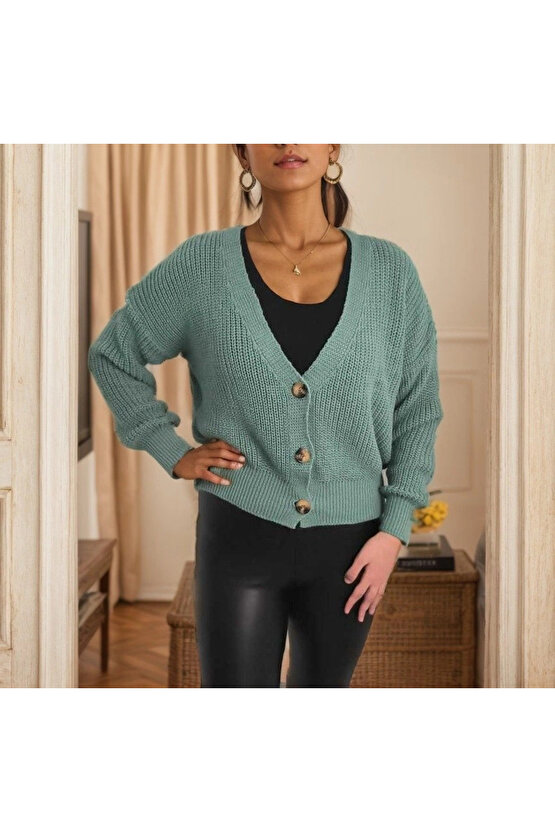 Kadın Uzun Kollu Düğme Detay Triko Bluz