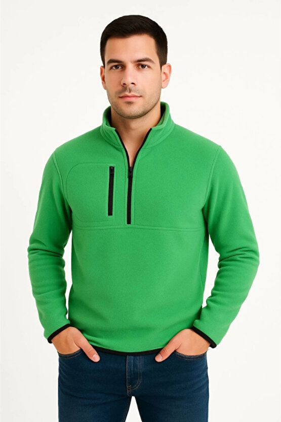 Erkek Polar Kazak – Dik Yaka, Yarım Fermuarlı, Fermuarlı Göğüs Cepli, Siyah Biyeli, Kışlık Rahat Reg