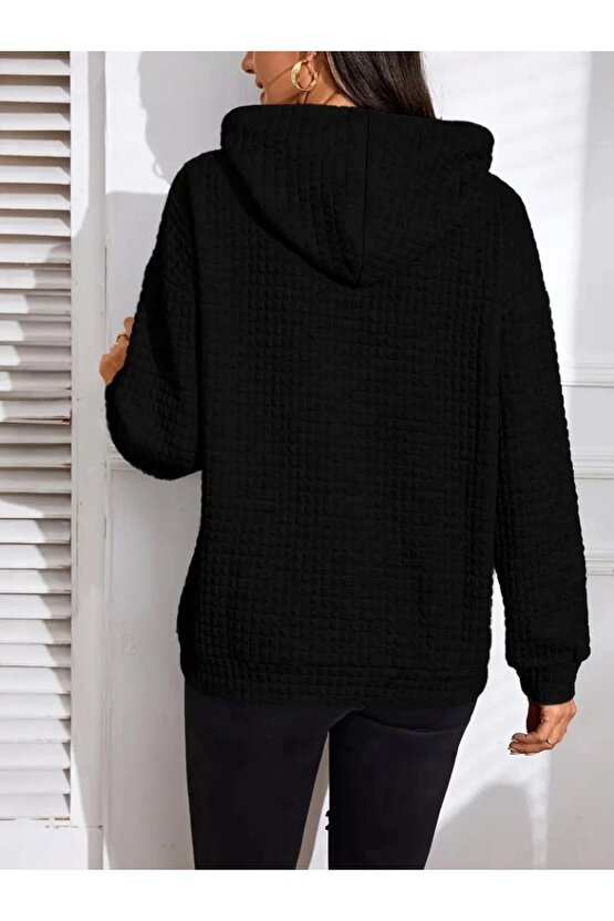 Kadın Uzun Kollu Kapşonlu Bağcıklı Cepli Capitone Sweatshirt