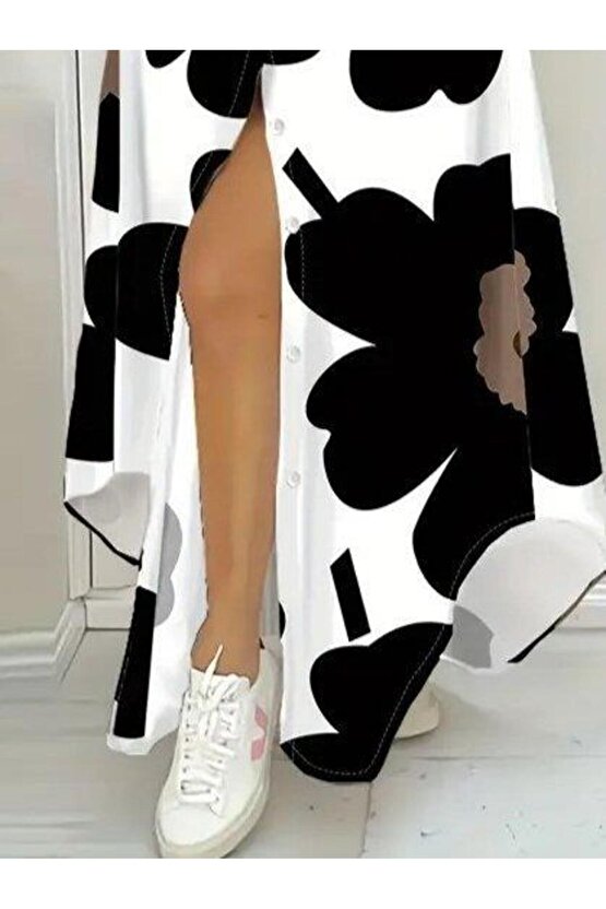 Kadın Yakalı önden Düğmeli çiçek Desenli Uzun Süprem Elbise