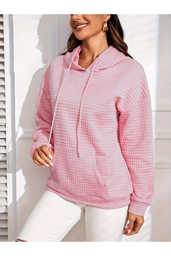 Kadın Uzun Kollu Kapşonlu Bağcıklı Cepli Capitone Sweatshirt