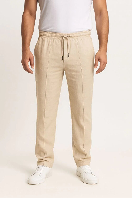 Erkek Keten Pantolon – Cepli, Beli Lastikli ve Bağcıklı, Nefes Alan Rahat Kalıp, Yazlık ve Baharlık