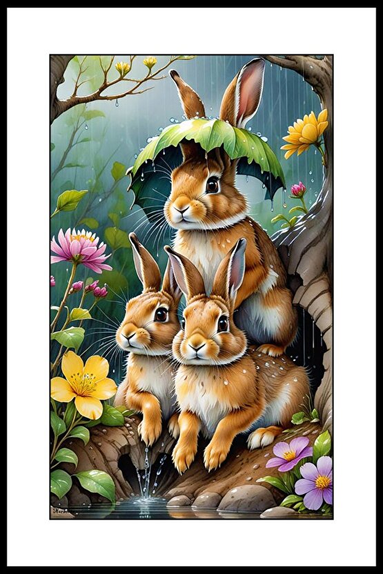 Tavşan ve Yavruları Digital Art ( ÇERÇEVESİZ - ÇERÇEVE YOKTUR ) ( ULTRA HD ) FOLYO AFİŞ - POSTER