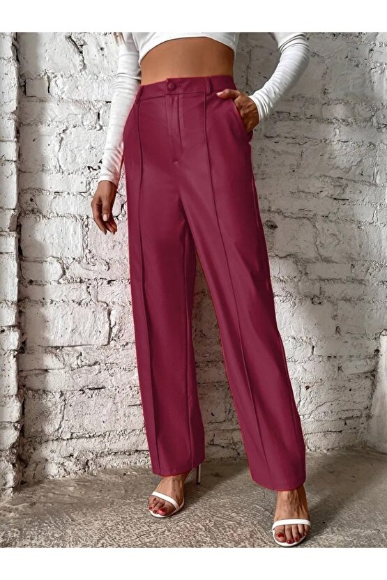 Kadın önden Fermuarlı Cepli Geniş Kesim Lame Deri Pantolon