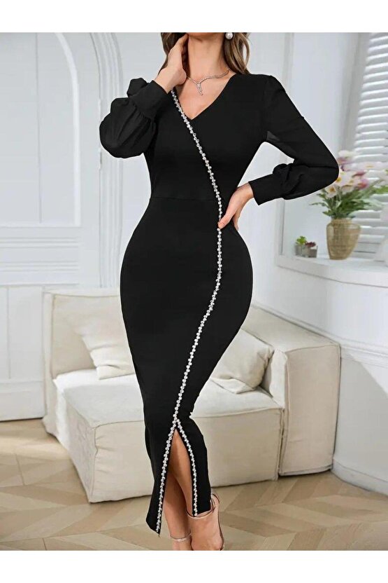 Kadın Uzun Kollu V Yakalı Yırtmaçlı Taşlı Uzun Ithal Krep Elbise