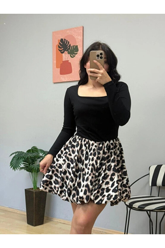 Kadın Uzun Kollu Kare Yaka Mini Balon Modal Elbise