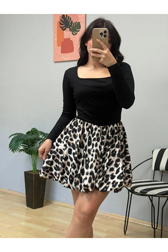 Kadın Uzun Kollu Kare Yaka Mini Balon Modal Elbise