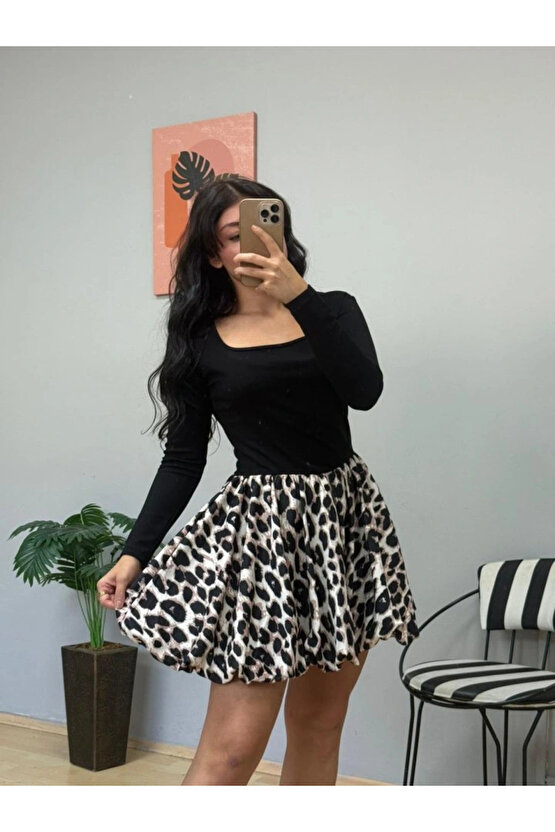 Kadın Uzun Kollu Kare Yaka Mini Balon Modal Elbise