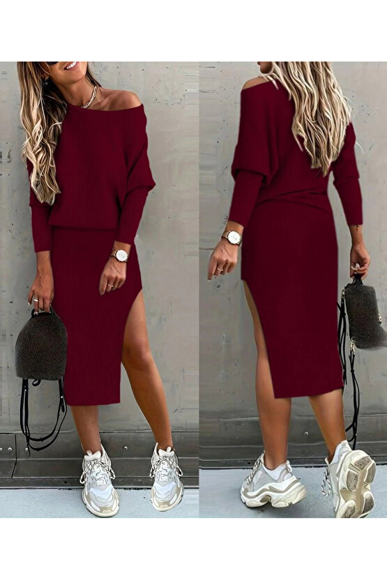 Kadın Uzun Kollu Düşük Omuz Yırtmaç Detay Kaşkorse Etek Bluz Ikili Takım