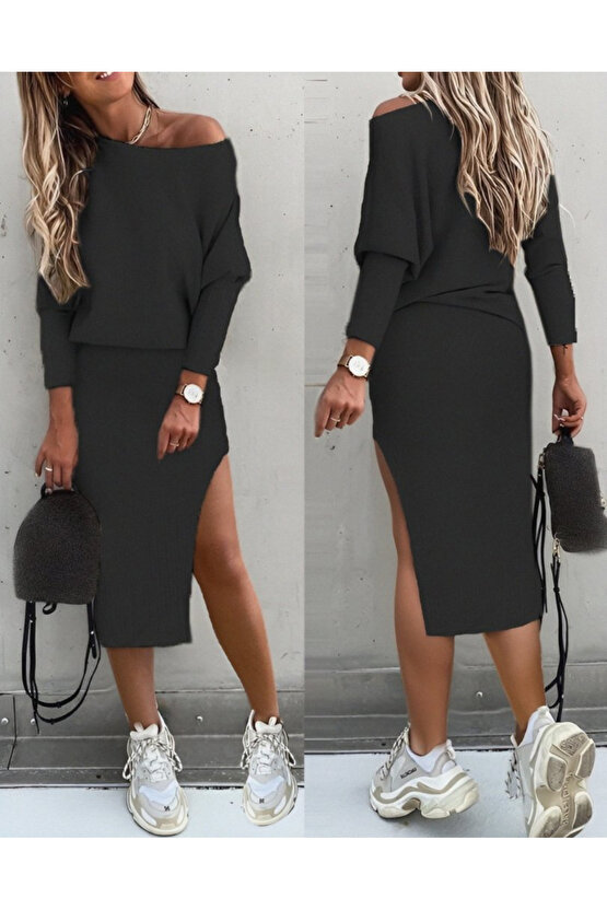 Kadın Uzun Kollu Düşük Omuz Yırtmaç Detay Kaşkorse Etek Bluz Ikili Takım