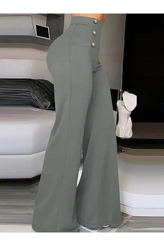 Kadın Yüksek Bel önden Düğmeli Uzun Paçaya Doğru Geniş Ithal Krep Pantolon