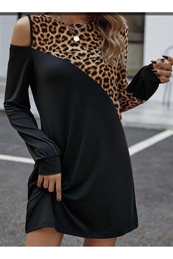Kadın Uzun Kollu Omuzdan Açık Leopar Desenli Viskon Iki Iplik Mini Elbise
