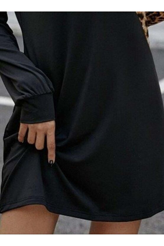 Kadın Uzun Kollu Omuzdan Açık Leopar Desenli Viskon Iki Iplik Mini Elbise