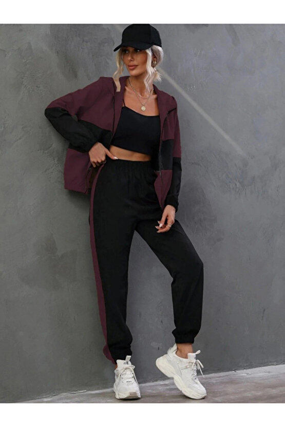 Kadın Uzun Kollu Kapşonlu önden Fermuarlı Viskon Iki Iplik Bluz Ve Pantolon Ikili Takım
