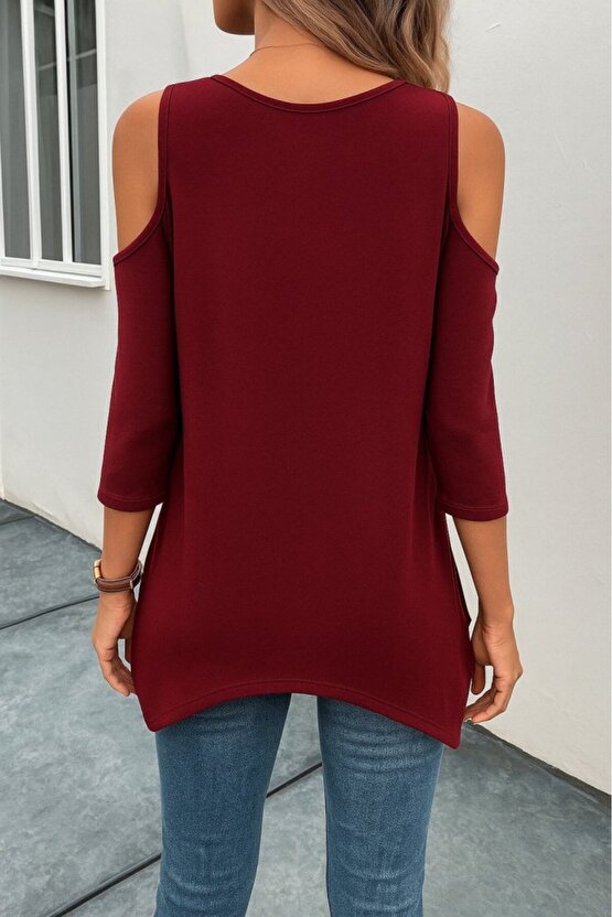 EQURİ Kadın Omuzlardan Açık Sıfır Yaka Asimetrik Kesim Detay Viskon Bluz