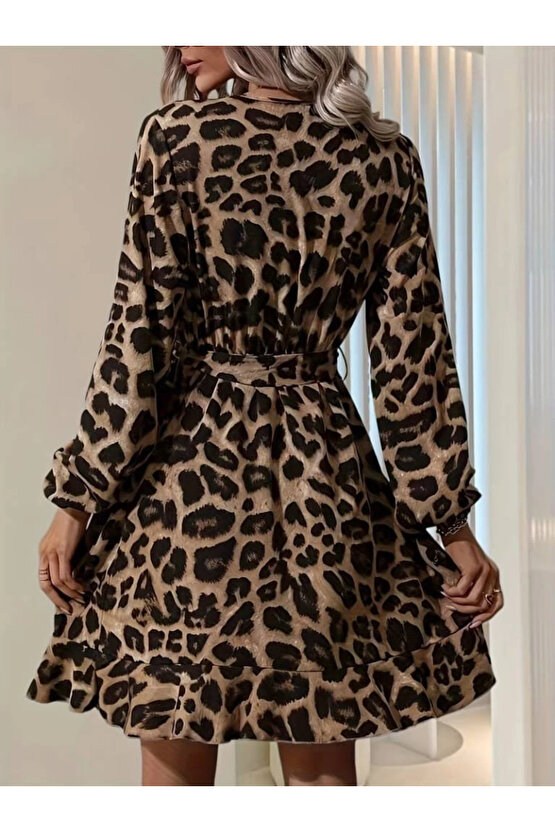 Kadın Uzun Kollu Kruvaze Yaka Belden Kuşaklı çapraz Kesim Detaylı Leopar Modal Mini Elbise