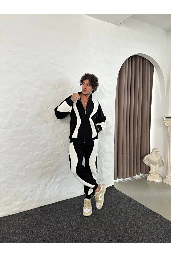 Erkek Premium Parçalı Eşofman Takım - Dik Yaka Fermuarlı Sweatshirt, - Siyah