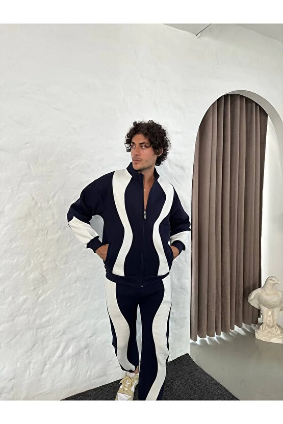 Erkek Premium Parçalı Eşofman Takım - Dik Yaka Fermuarlı Sweatshirt, - Siyah