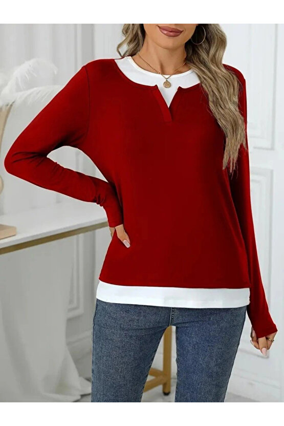 Kadın Uzun Kollu V Yakalı çift Renkli Viskon Iki Iplik Bluz