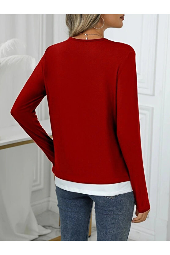 Kadın Uzun Kollu V Yakalı çift Renkli Viskon Iki Iplik Bluz