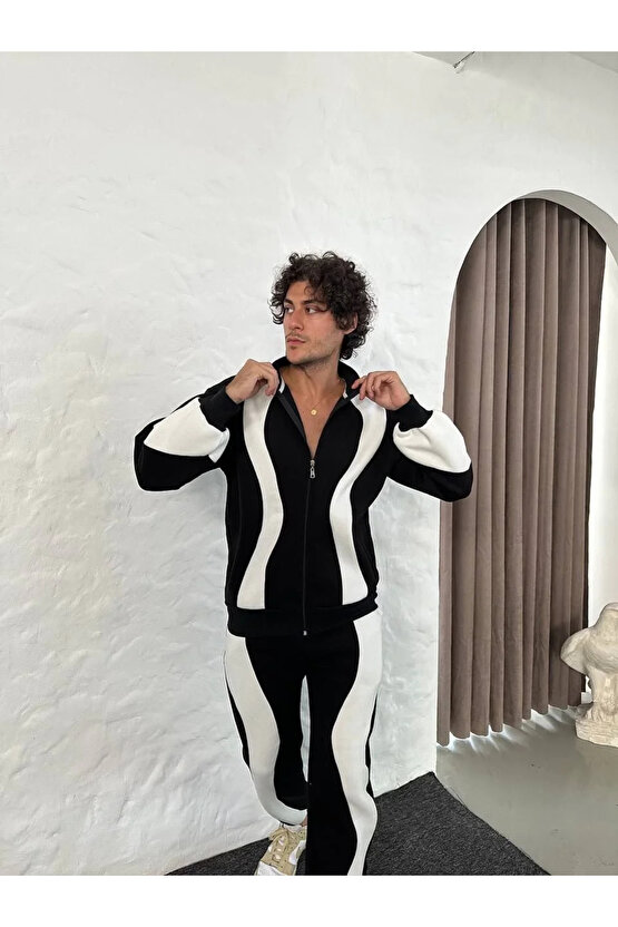 Erkek Premium Parçalı Eşofman Takım - Dik Yaka Fermuarlı Sweatshirt, - Siyah