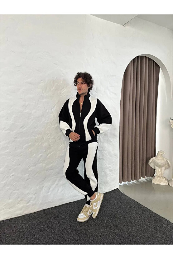 Erkek Premium Parçalı Eşofman Takım - Dik Yaka Fermuarlı Sweatshirt, - Siyah