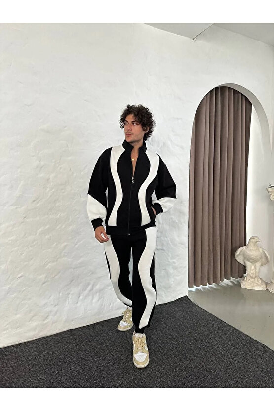 Erkek Premium Parçalı Eşofman Takım - Dik Yaka Fermuarlı Sweatshirt, - Siyah