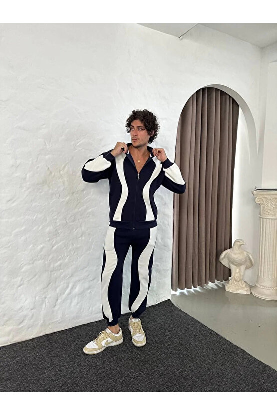 Erkek Premium Parçalı Eşofman Takım - Dik Yaka Fermuarlı Sweatshirt, - Siyah