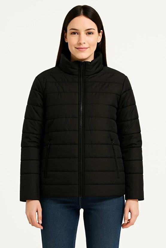 Kadın Bomber Mont Ceket – Su İtici Kumaş, Kapitone Astarlı, Fermuarlı, Kışlık - Siyah