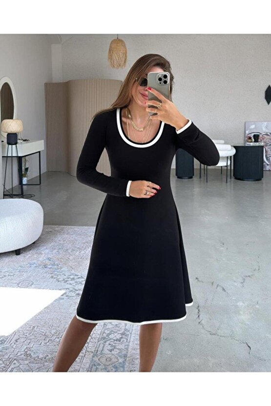 Kadın Uzun Kollu Yuvarlak Yaka Midi Viskon Iki Iplik Elbise