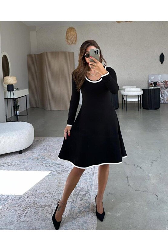Kadın Uzun Kollu Yuvarlak Yaka Midi Viskon Iki Iplik Elbise