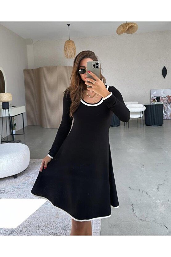 Kadın Uzun Kollu Yuvarlak Yaka Midi Viskon Iki Iplik Elbise