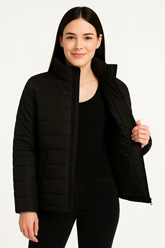 Kadın Bomber Mont Ceket – Su İtici Kumaş, Kapitone Astarlı, Fermuarlı, Kışlık - Siyah