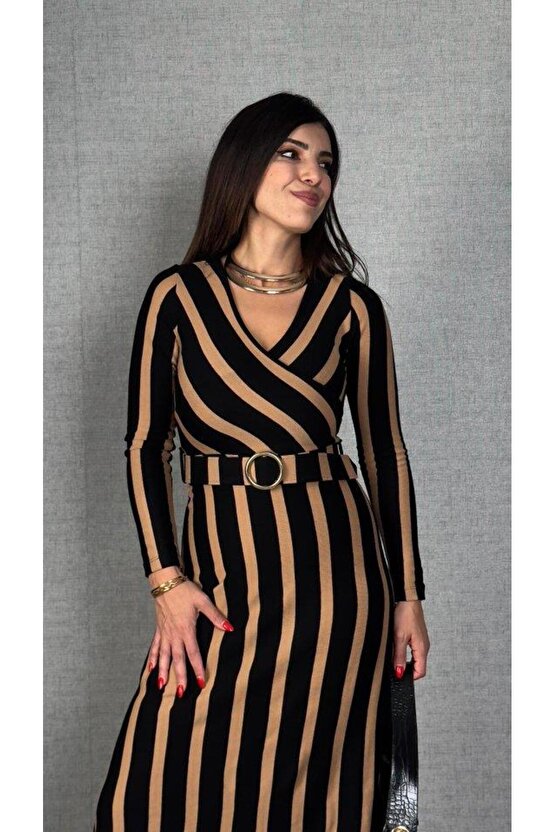 Kadın Uzun Kollu Kruvaze Yaka Kemer Dahil çizgili Triko Elbise