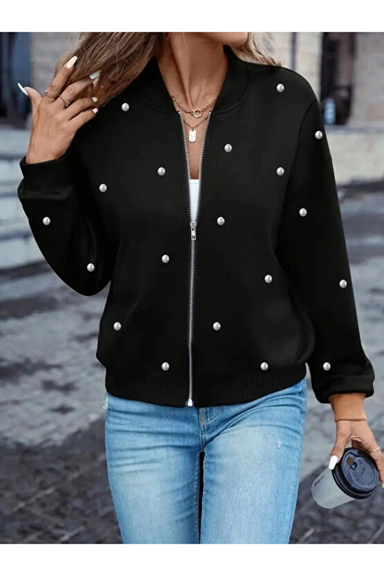 Kadın Uzun Kollu önden Fermuarlı Incili Kısa Modal Ceket