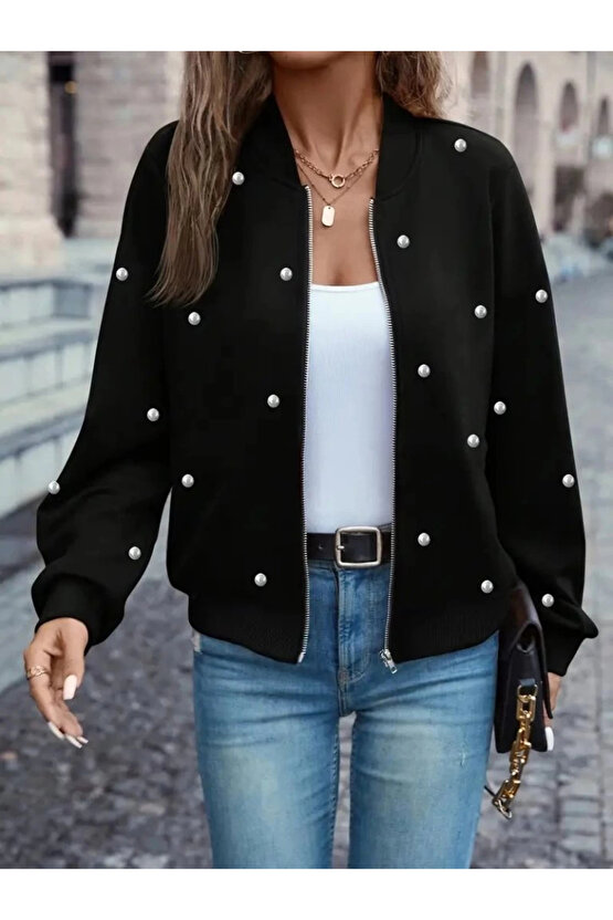 Kadın Uzun Kollu önden Fermuarlı Incili Kısa Modal Ceket