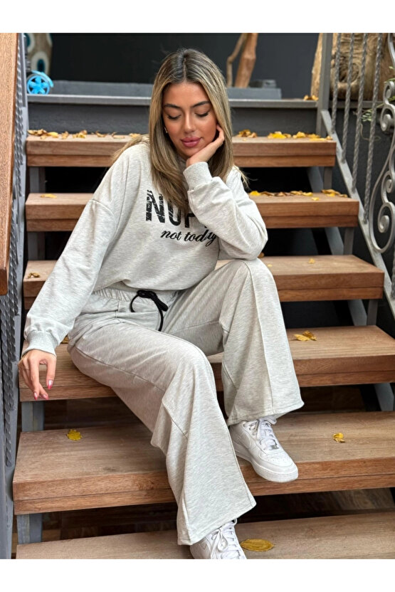 Kadın Uzun Kollu Nope Baskılı Beli Ribanalı Ikili Takım